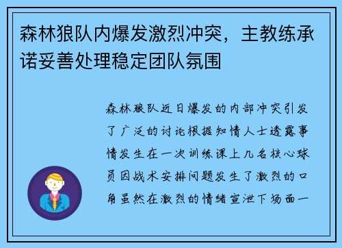 森林狼队内爆发激烈冲突，主教练承诺妥善处理稳定团队氛围